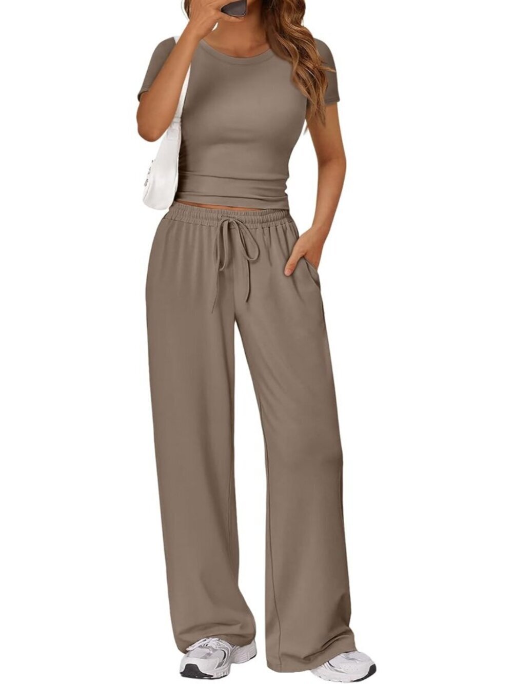 2 Piece Matching Summer Sweatsuit Lounge Set Womens Wide Leg Pants Side Ruching